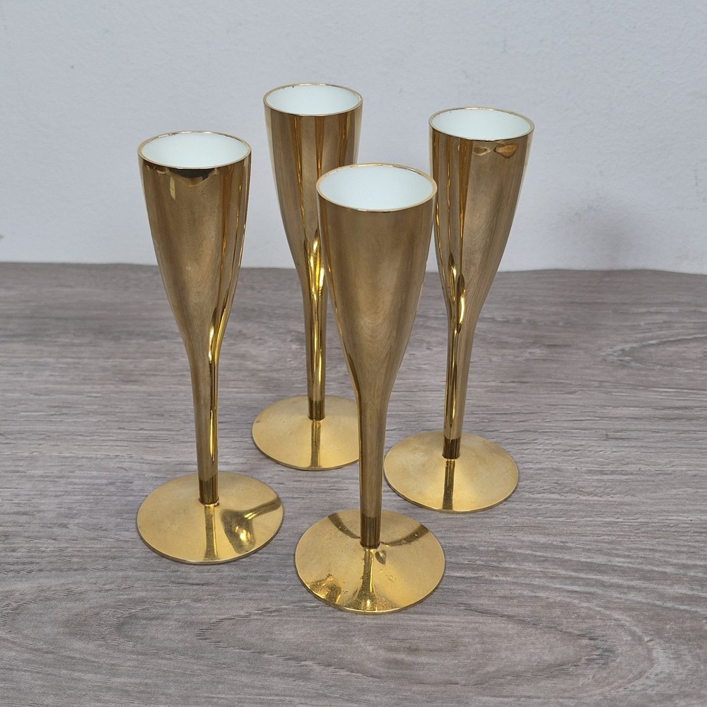 Arthur Salm AS Brass White Enamel Cordial Glass Candlestick Holders Set Of 4